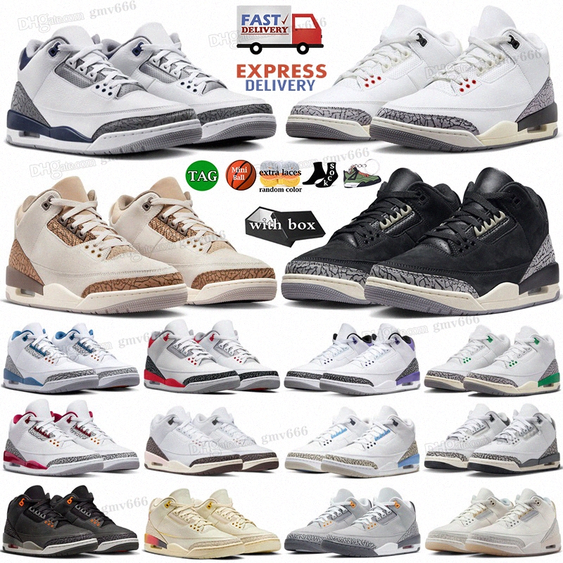With box 3 basketball shoes men women 3s White Cement Reimagined Midnight Navy Palomino Fear Medellin Sunset Fire Red Wizards mens trainers sp N7NJ#