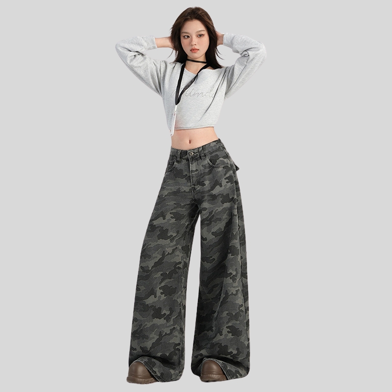 American Spice Girl Camouflage High Waist Wide Leg Casual Pants Women's Spring New High Street Skinny Floor Pants
