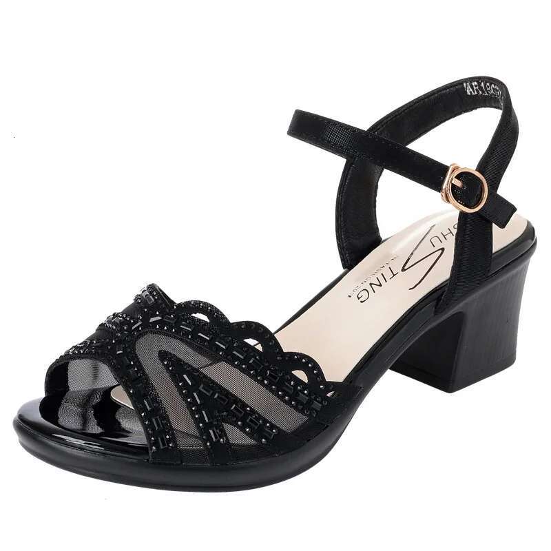 2025 Summer New Open toed Women's Designer Fashion Thick Heel Shoes with Mesh Black Party Buckle Fish Mouth Elegant Sandals