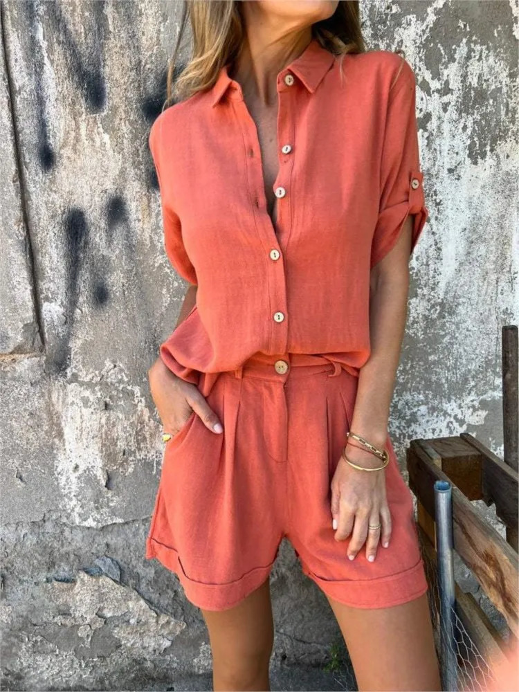 Women Casual Solid Set Fashion Short Sleeve Button Shirt Tops And Shorts Two Piece Sets Lady Summer Sports Womens Clothing 250320