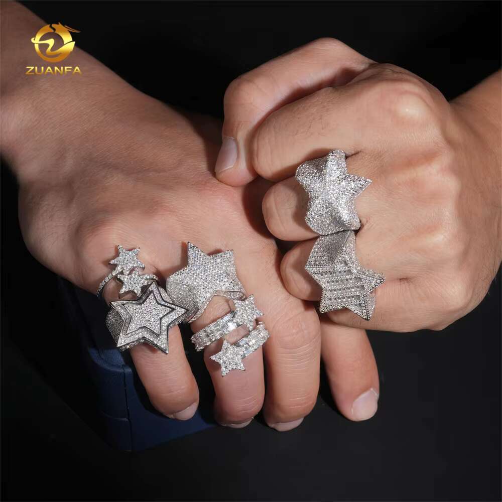 Hot Sale Instock Iced Out Star Moissanite Men Diamond Rings 925 Silver Hip Hop Ring Pass Diamond Tester Fashion Men Cuban Ring