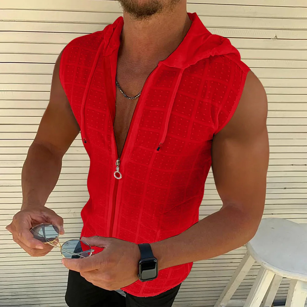 2024 summer smooth zipper sleeveless hooded Cardigan Tshirt mens slim fit sports breathable fitness top 250326