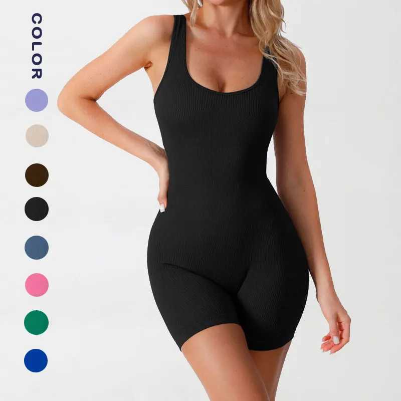Seamless ribbed jumpsuit sleeveless one-piece yoga suit fitness suit sports running training suit with padding W250326