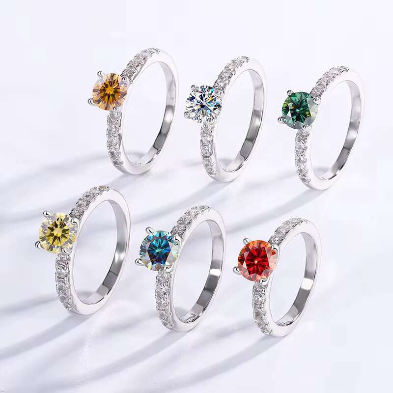 9 Factory Direct Sales 1Carat Moissanite S925 Sterling Silver Four-claw Colorful Moissanite Wedding Ring for Women