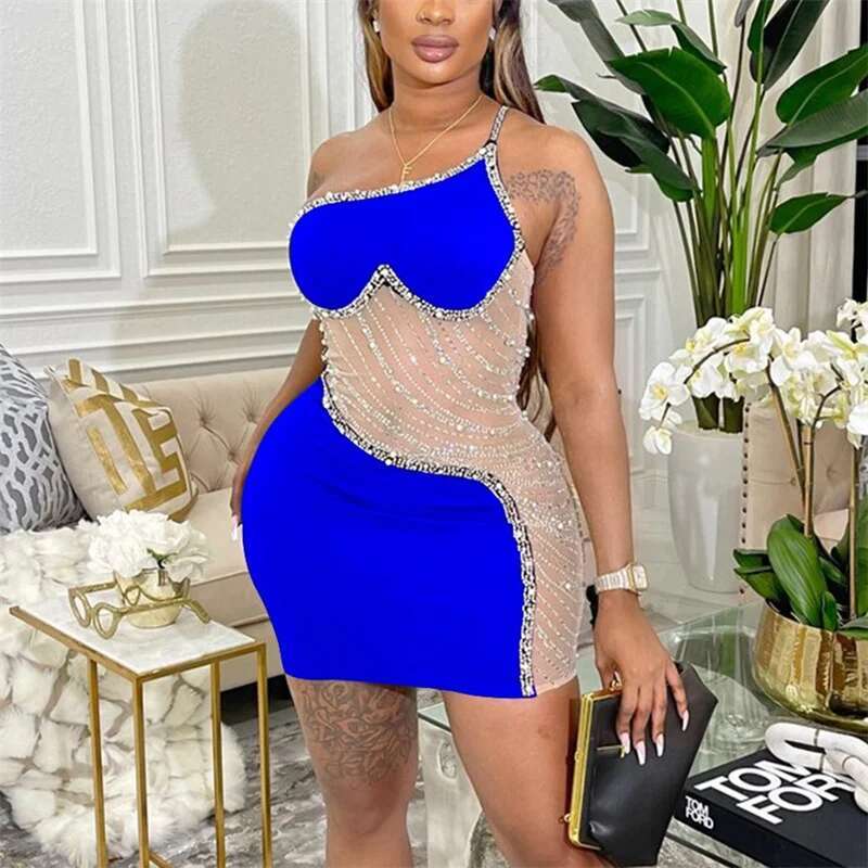 Fashion Diamante Decoration Single Strap Slant Neck Dresses Women Elegant Gala Party Dress Y Wrap Hip Short Gown