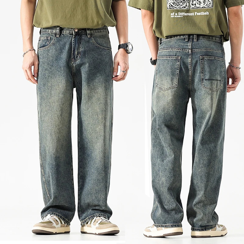 Wide leg jeans mens pocket pants summer straight cut loose fit vintage blue streetwear fashionable pockets clothing 250326