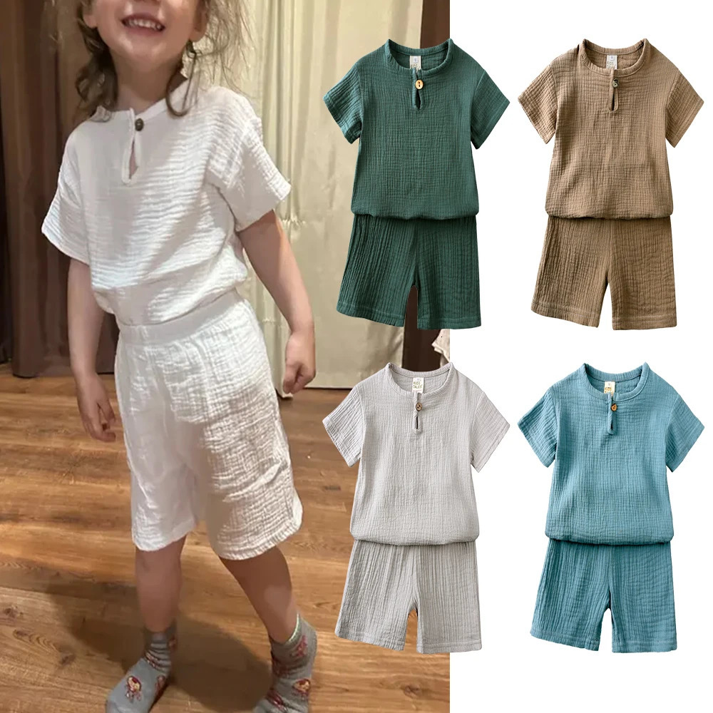 1-8T Kids Sets Summer Clothes Linen Cotton Toddler Baby Boy Girl Costumes Short Sleeve Tops Shorts Outfits Children Clothing 250326
