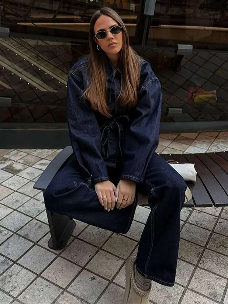 Vintage Denim Straight Female Pants Lace Up Belt Jacket Women Two Pieces Set Single Breasted Long Sleeve Lady Coat Suit