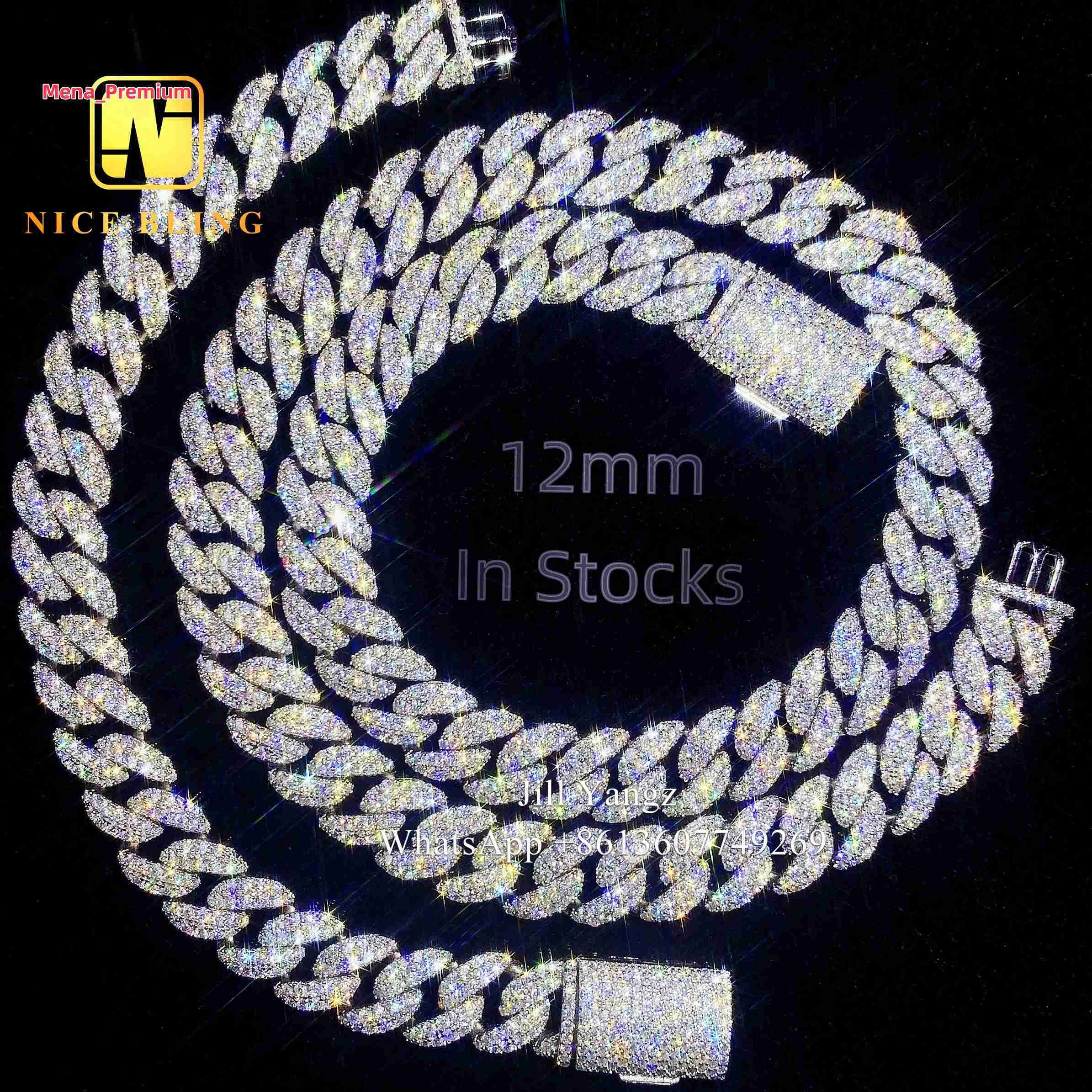Ready Stocks 12mm Moissanite Cuban Bracelet Soldier Chain 18k Gold Plated Necklace Silver Cuban Link Chain Monaco Chain