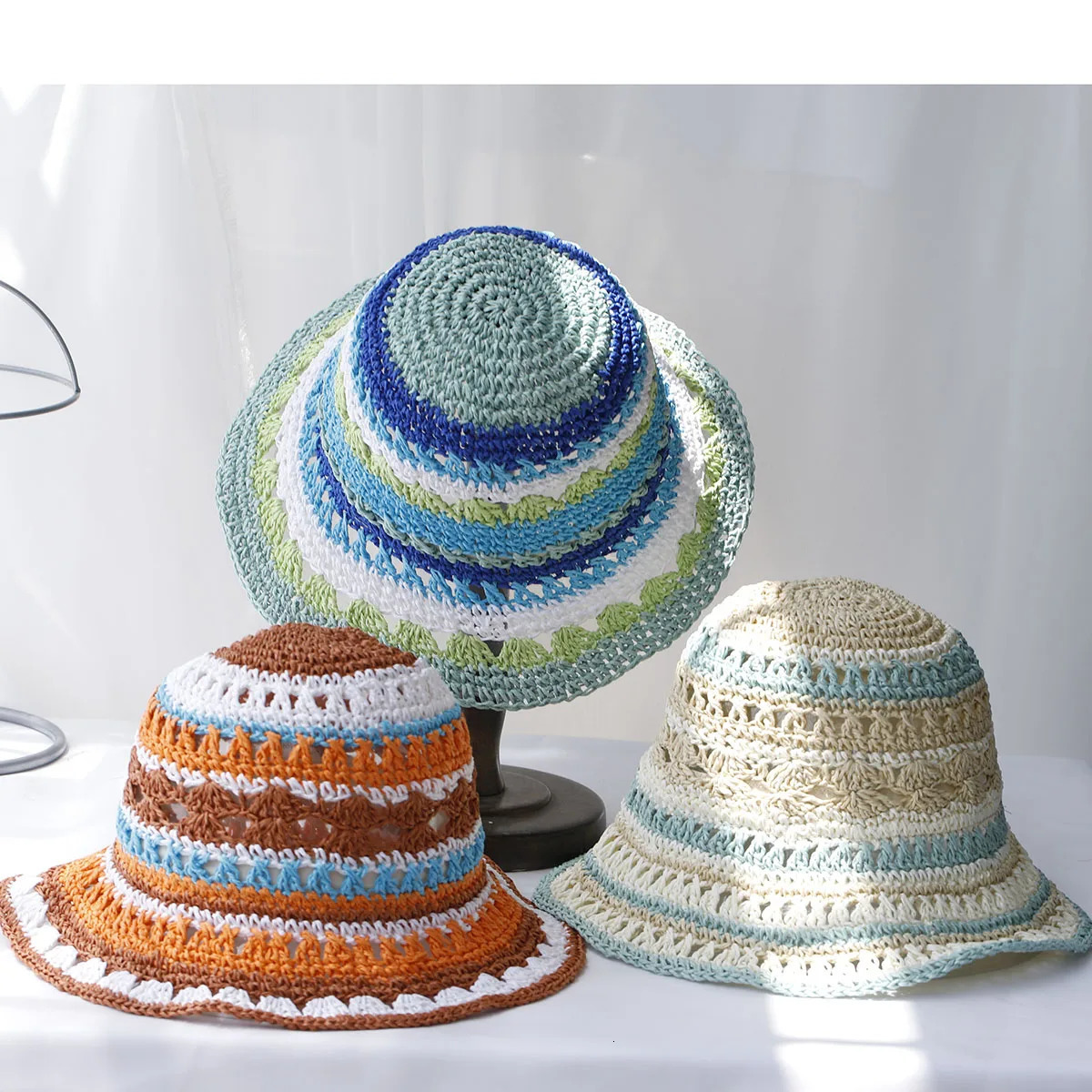 Handmade Rainbow woven womens sunscreen hat summer Japanese straw hat protective fashion breathable hollow beach sun hat 250326