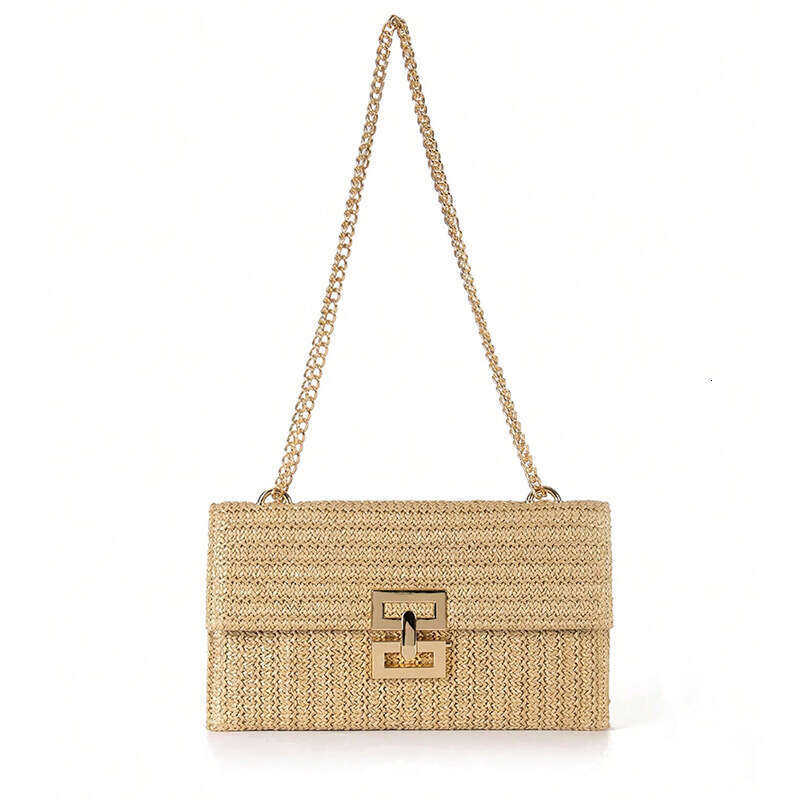 f1 2024 New Vacation Style Multi compartment Chain Flip Lock Straw Woven Single Shoulder Women's Bag