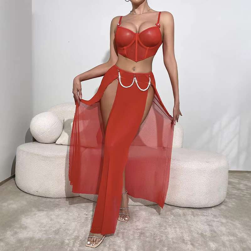2025 Latest Model Women's Pamas Red Long Dress Push Up Sexy Underwear With Pearl Accessories