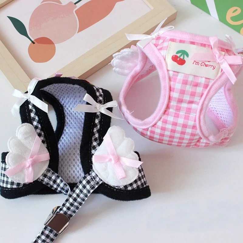 New plain pet dog harness set with pink checkered angel wings decoration dog chest traction small dog accessories X250326