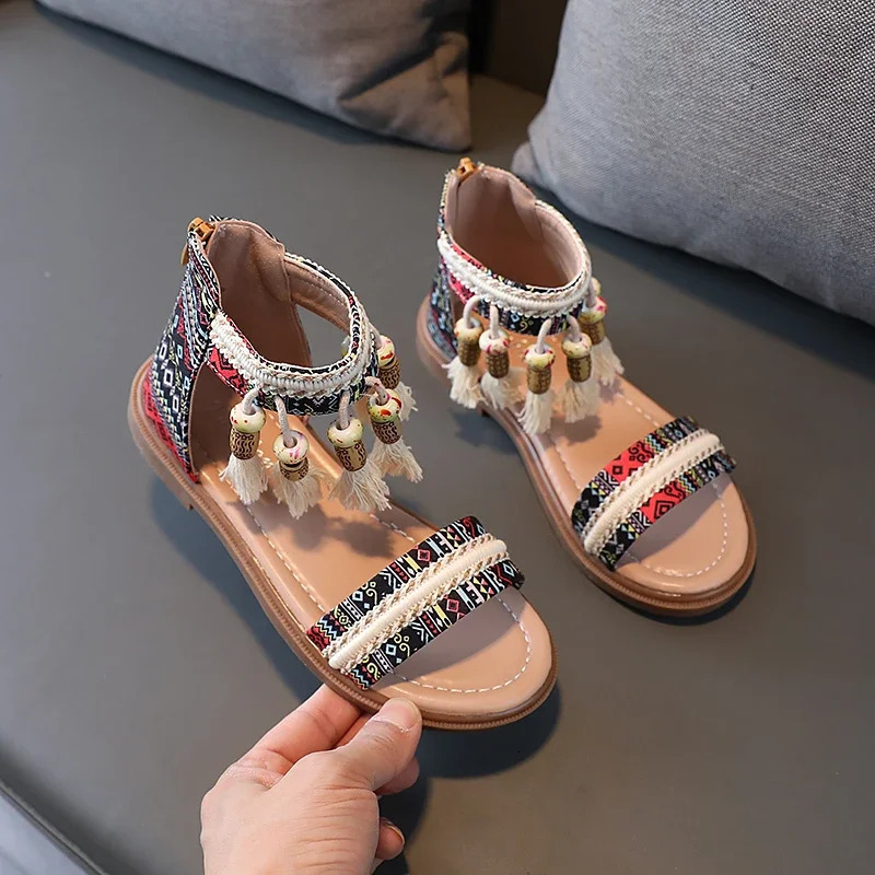 Girls Gladiator Sandals Princess Sweet Kids Beach Shoes Kids Summer Retro Ethnic Traditional Sandals with Tassels Soft Back Zip 250326