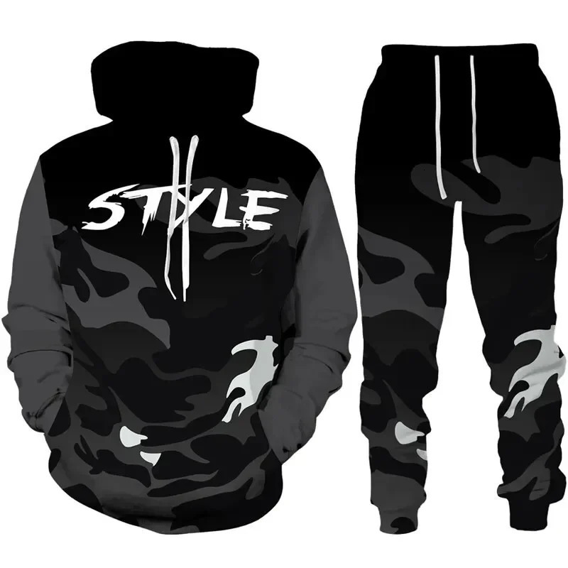 Camouflage hooded sweatshirt 3D printed sportswear set mens sweatshirtpants 2piece outdoor fitness casual 250326