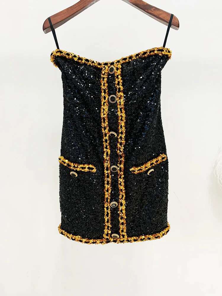 HIGH STREET Newest 2024 Designer Runway Fashion Women's Gold Chains Sequined Strapless Sheath Tube Dress
