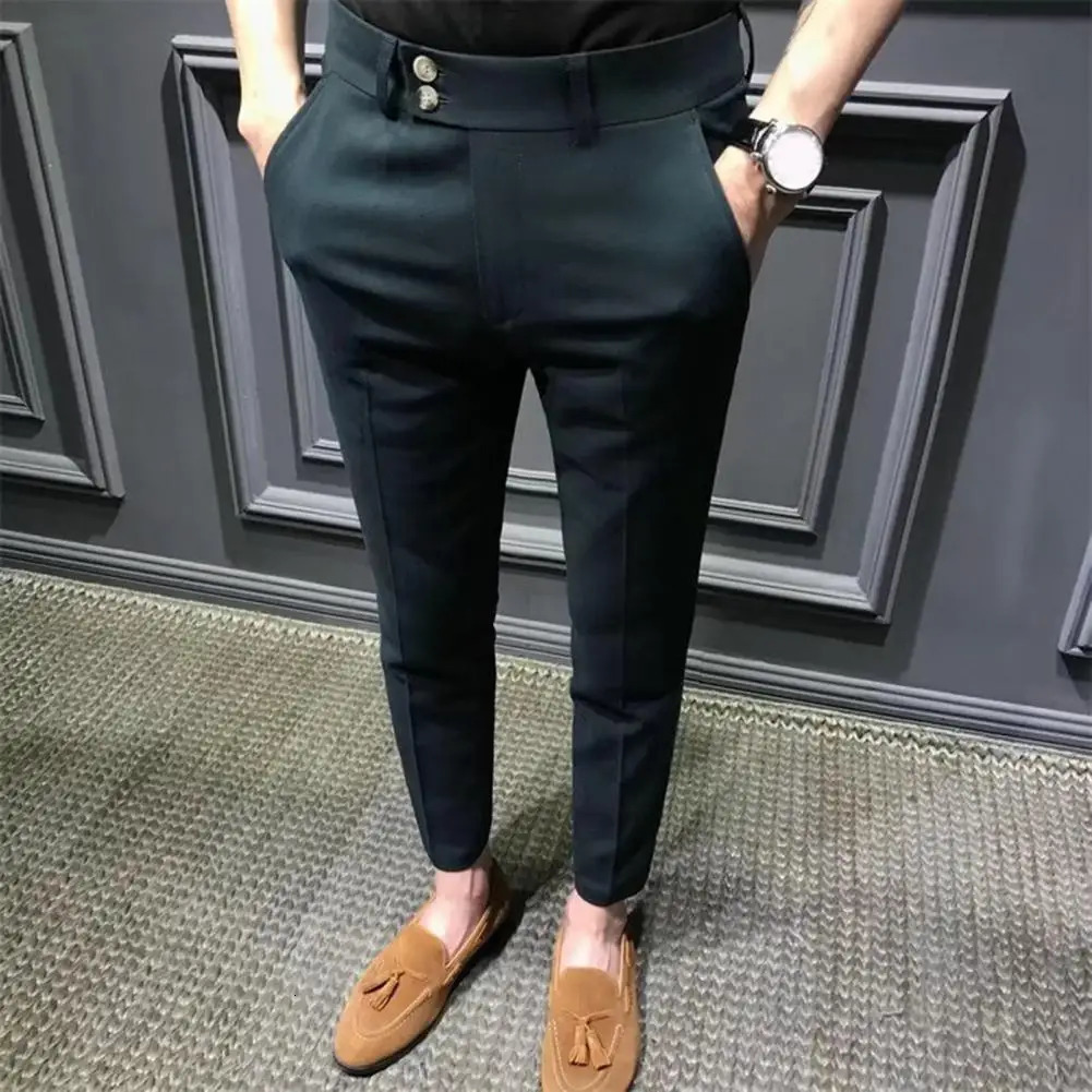 Mens Blazer Pants Anti- Mid Waist Mens Ninth Pants Young Style Mens Casual Ninth Suit Pants Pockets Business Long Trousers 250321