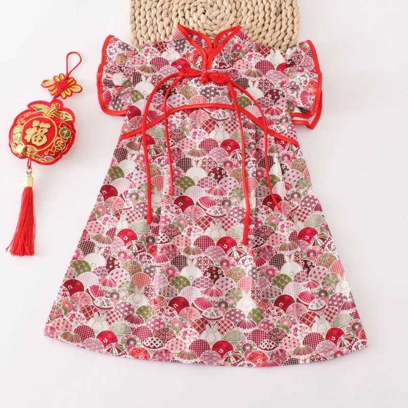 Girl Chinese Chiffon Red Flower Pattern Childrens Clothing Performance New Year Childrens Clothing Youth Par Clothing W250326