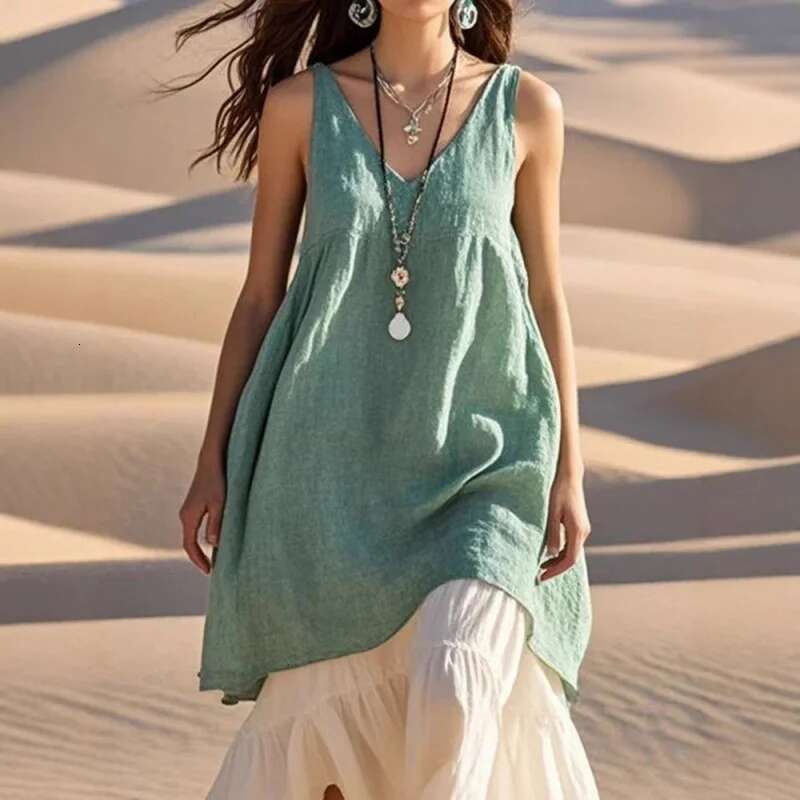 Dongdumaoyi Zomer Nieuwe Vrouwen Casual Losse Mode Mouwloze Linnen Effen Kleur V Hals Strand Jurk A