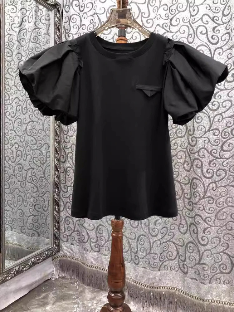 Retro Womens Simple T-shirt Summer T-shirt Puff Sleeve O-neck T-shirt Full Match Top Fashion Sweet White T-shirt Ropa Mujer 250321