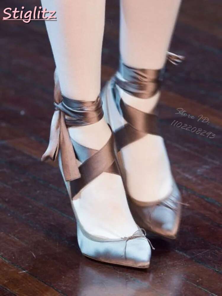 Sweet Silk Riband Pumps Butterfly-knot Lace-up Thin Heels Pointed Toe Cross-tied Solid Women 2025 Summer New Dress Shoes Elegant
