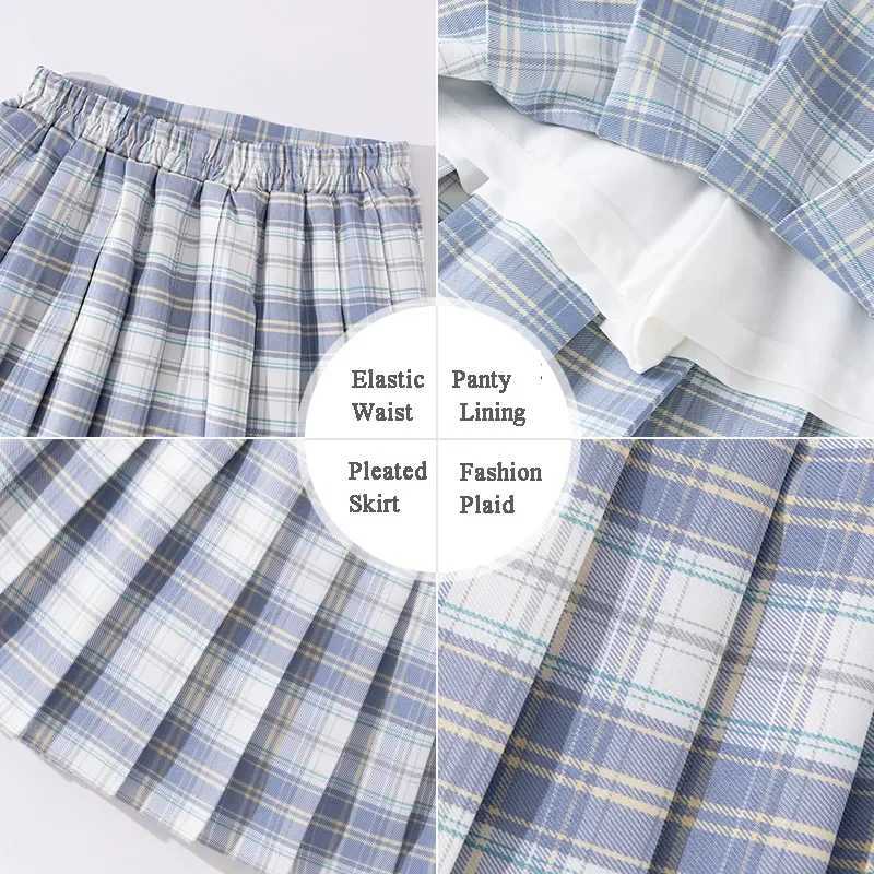 Girls Plaid Skirts Childrens School Uniform Preschool Pleated Tutu Blue Thin Slim High Waist Mini Skirts Childrens Clothing 2 to 13 Years OldT250326