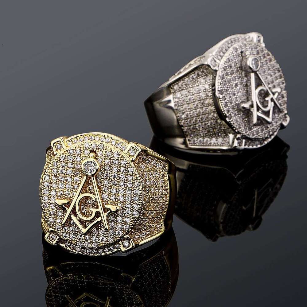 Jin'ao Jewelry AG Freemason Letter Ring, Genuine Gold Plated with Zircon, Personalized Hip Hop Male Ring