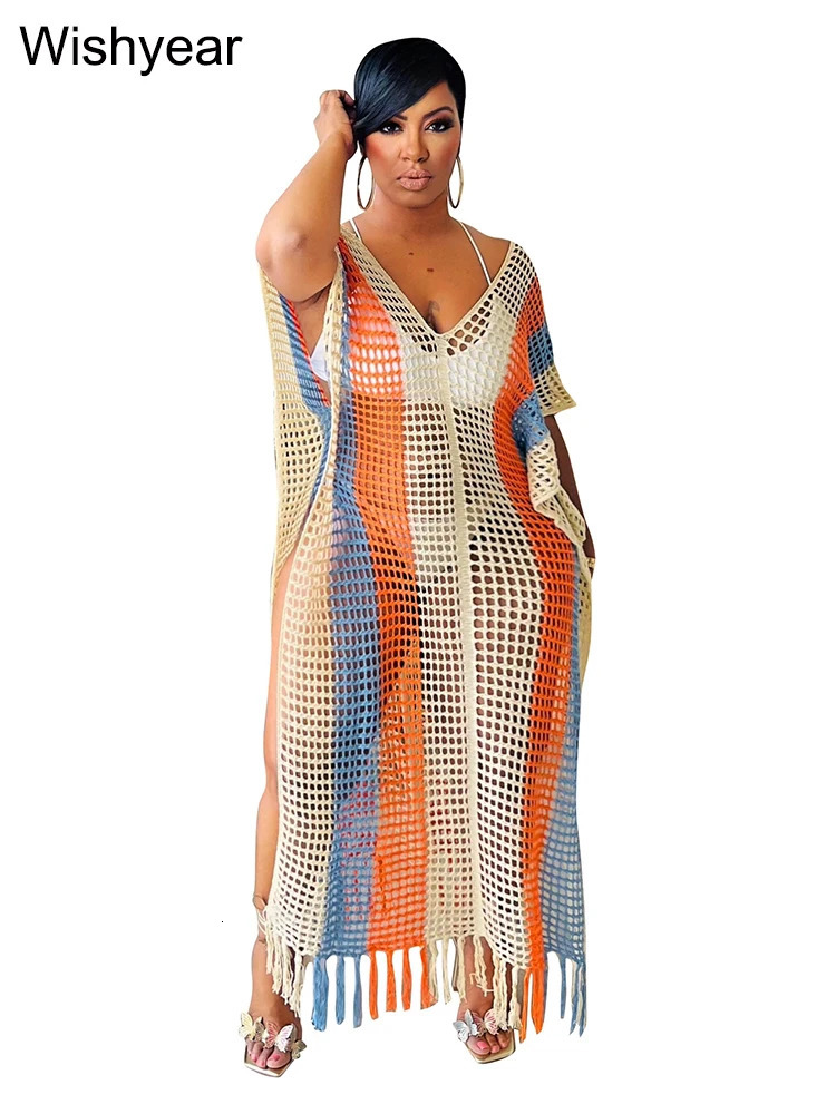 Rainbow crochet beach swimsuit womens sexy hollow knitted top short sleeved fringe swimsuit summer night club Vestido 250326