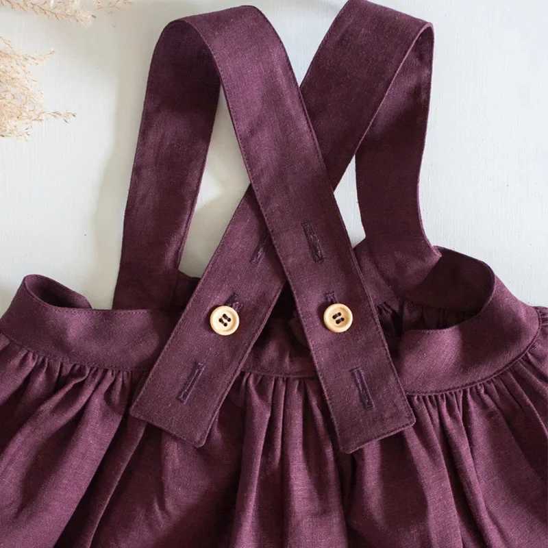 Retro girl adjustable shoulder strap linen fluffy leather autumn new French cotton linen casual loose childrens princess dress W250326