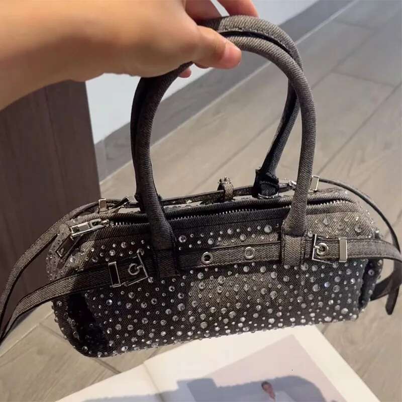 Trendy Rivets Decor Boston Hand Women Y2k Motorcycle Style Denim Clutch Bags Ladies Vintage Fashion Shoulder Underarm Bag