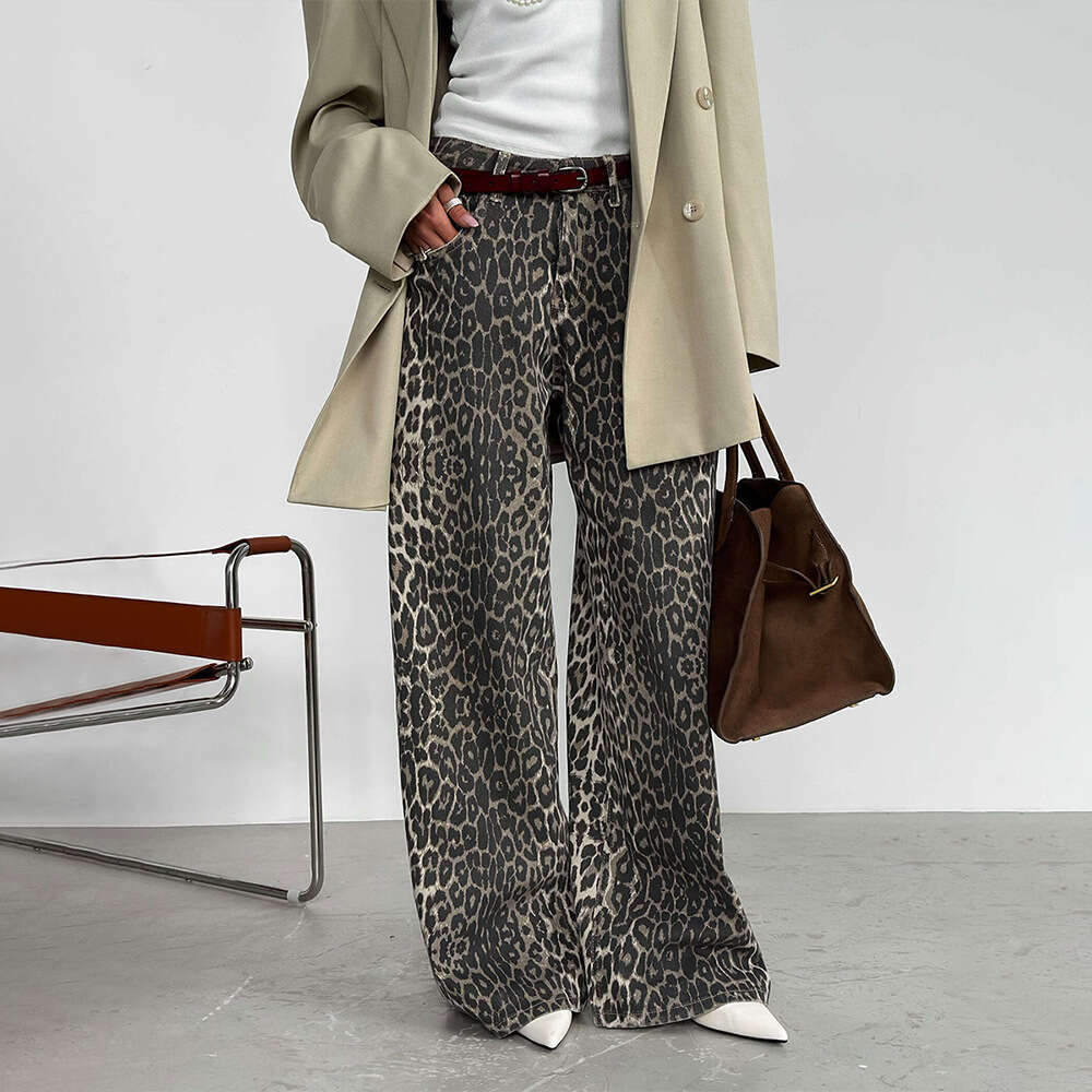 Leopard For Spring And Summer 2025, Y2k Loose Casual Floor Length Leopard Print Wide Leg Pants