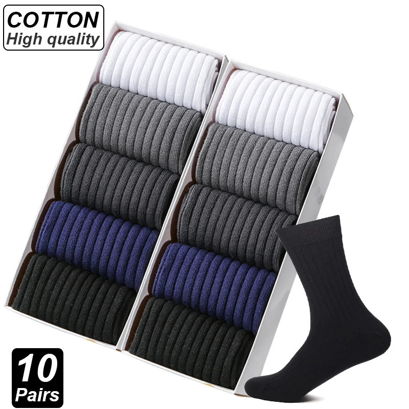 10Pairs Mens Socks Cotton Man Black White Business Casual Breathable Stripes Double Needle Male Socks High Quality 250321