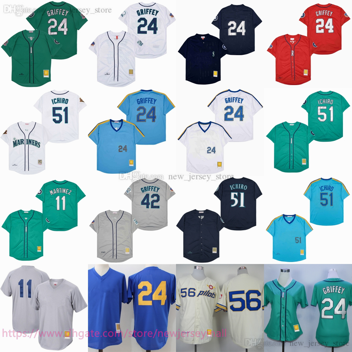 Movie Vintage Baseball 24 KenGriffey Jerseys Retro Stitched 11 EdgarMartinez 51 SuzukiIchiro Jerseys Breathable Sport Pullover