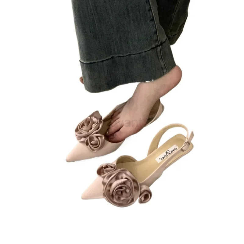 Elegant Wan Sandals High Heeled Sweet Rose Closed Toe Footwear 2024 Summer Slingback Pointed Fashion Dress Ladies Shoes Z250326