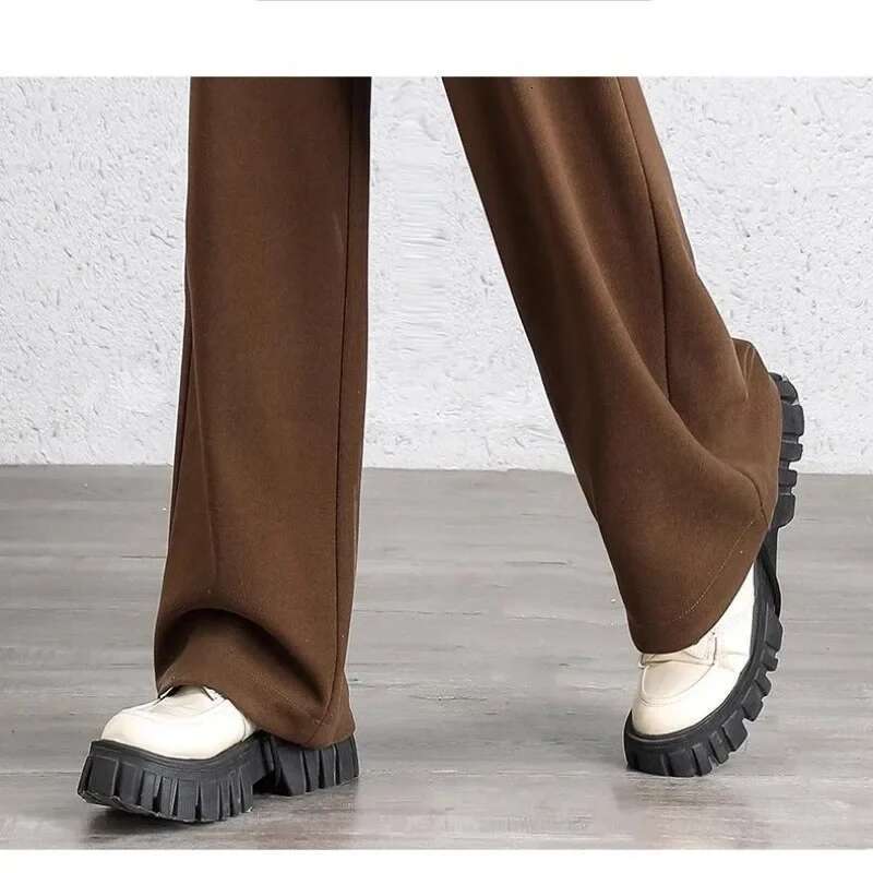 Autumn And Winter Women's Solid Color Loose Woolen High Waist Wide Leg Pants Elastic Pockets Fashion Casual Commuter Trousers