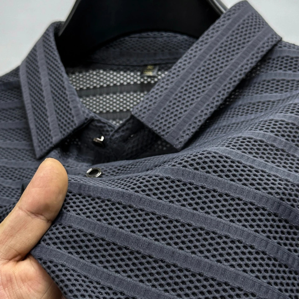 Ice Silk Mesh Hollow Polo Shirt 2023 Summer Korean Fashion Breathable Loose Tshirt Mens Clothing Short Sleeve Ropa 250326