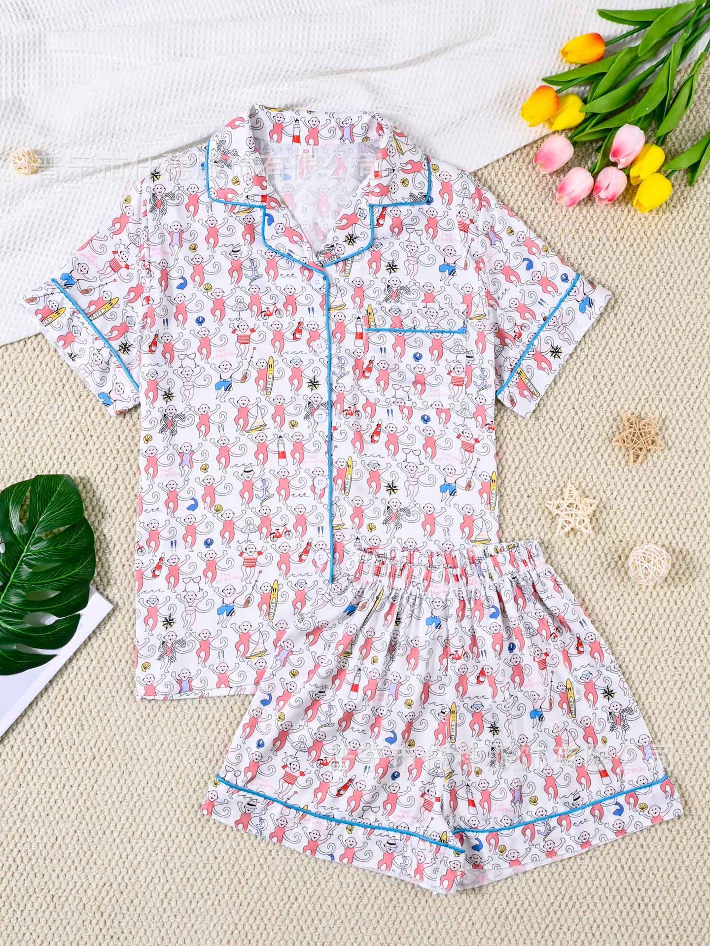 Children's cartoon animal monkey print South Korean silk sleepwear set with short sleeves and elastic waisted home clothes