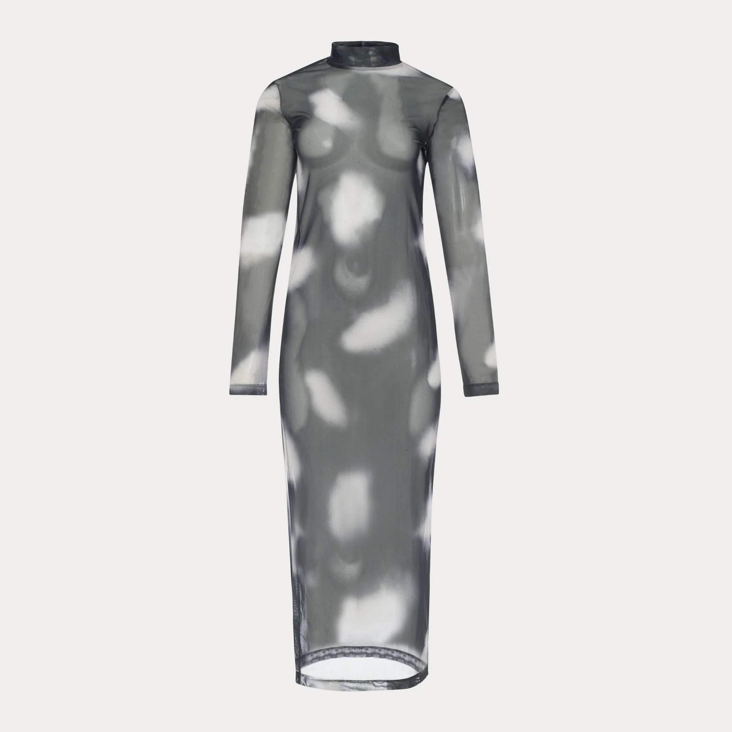 Women's Black Tie-dye Print Sheer Midi Dress Casual Street Style Mesh Fabric Fitted Dress Long Sleeves High Neckline Asymmetrical Side Slit