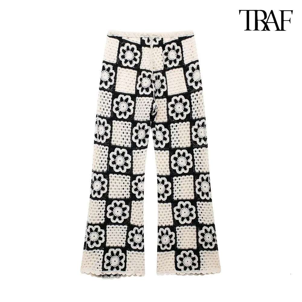 TRAF New Crochet Sleeveless Top Clashing Wide Leg Pants Set Sexy O Neck Short Tank ral Knit Trousers Simple Two PieceSet