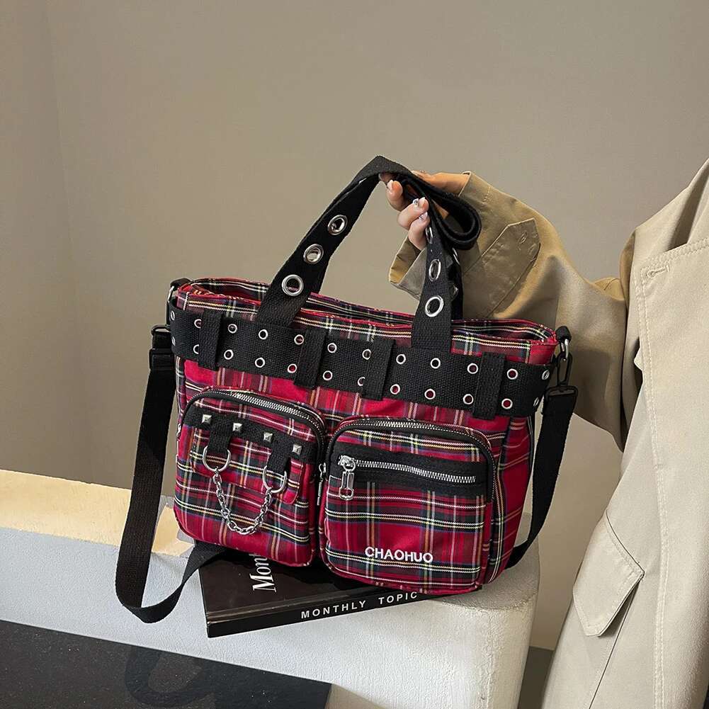Designer Plaid Handbag Women Punk Shoulder Crossbody Bag Fashion Satchel Purse Queen Red Y2k Street For Travel Shopping 2025