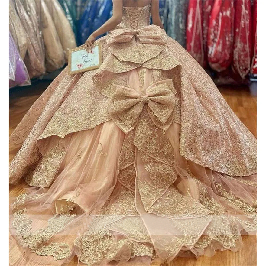 Champagne Rose Gold Off The Shoulder Ball Gown Quinceanera Dresses For Girls Sparkly Beaded Birthday Party Gowns Lace Up Back