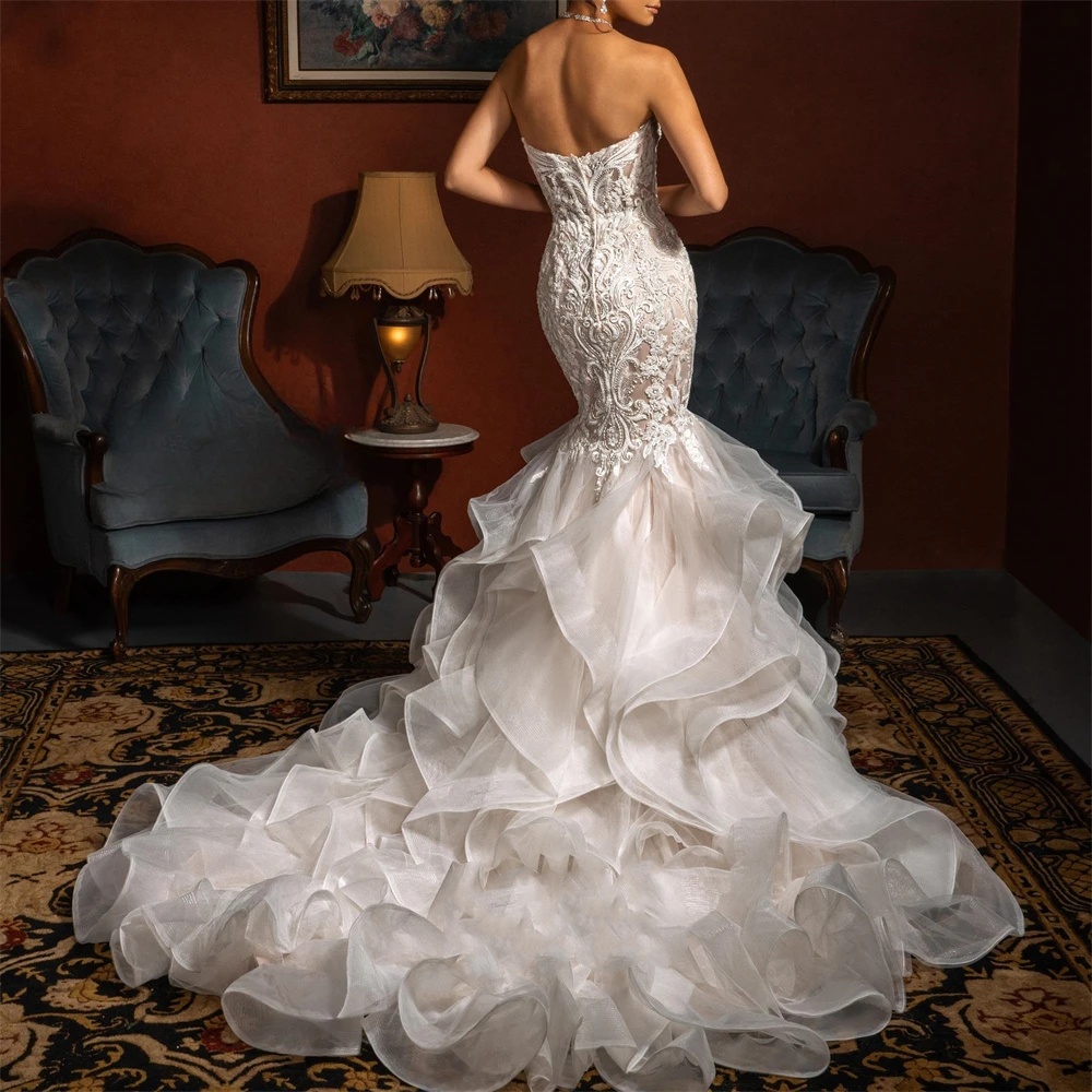 Gorgeous Mermaid Wedding Dress Sweetheart Neck Sleeveless Backless Bridal Gowns Appliques Lace Sweep Train Dresses Custom Made vestidos de novia