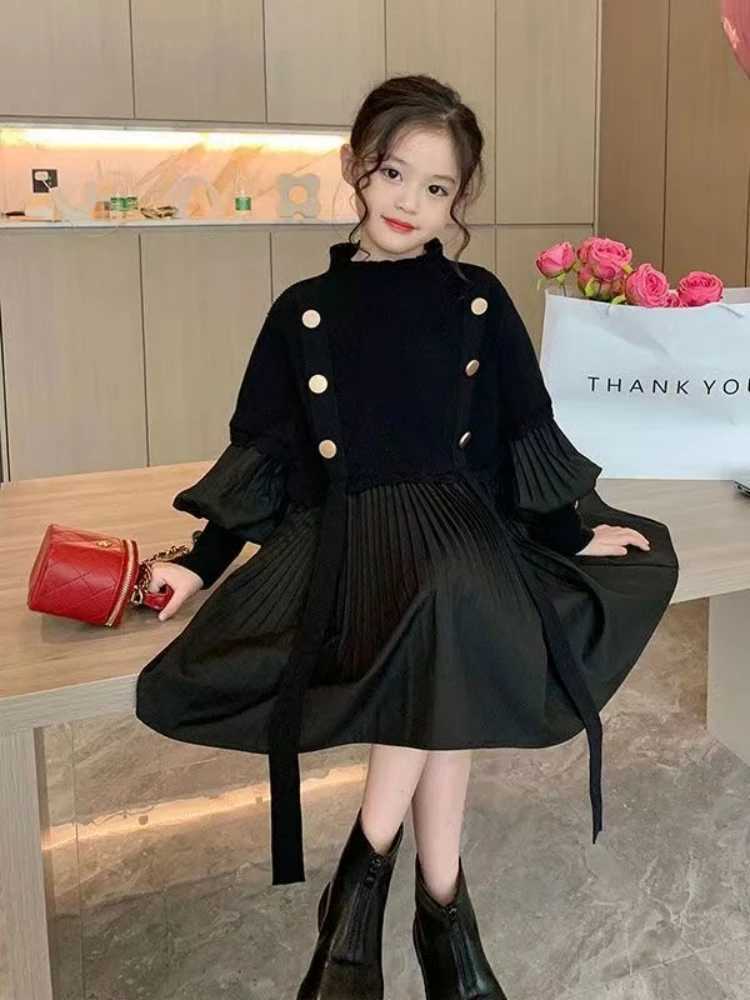 2024 Spring/Summer New Girls Dress Childrens Clothing Black Design Splicing Knitted Folded Dress W250326