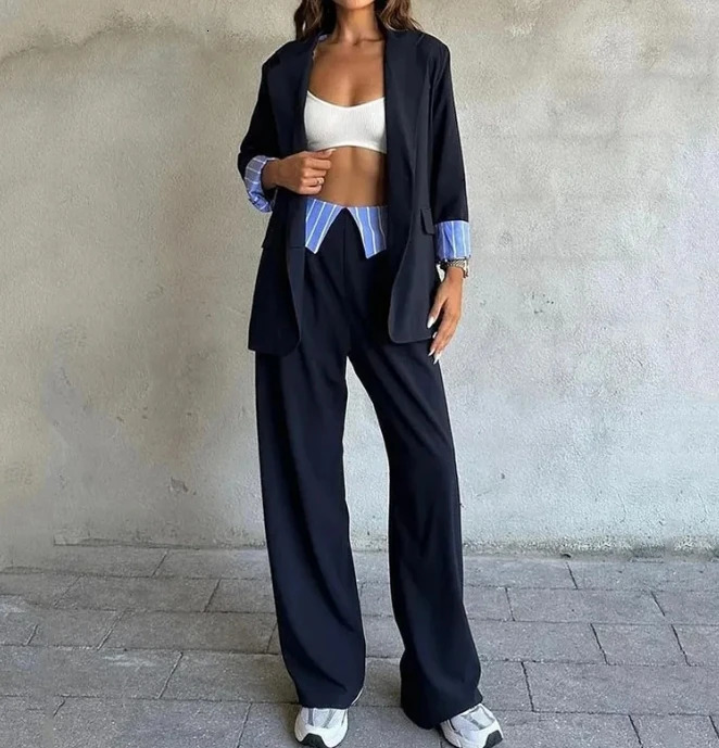 Retro Two Piece Set Retro Pocket Striped Single Chest Trailblazer Loose Wide Legs Trouser High Street Commute Y2K Office Ladies 250321