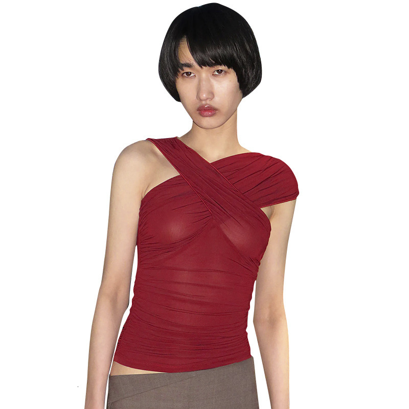 2025S Fashion Designer Q TP Women S Autumn Winter Irregular Cross Collar Perspective Shrinking Short Open Umbilical Top T Shirt
