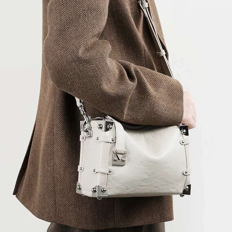 Women Genuine Rivet Handbags Female Square Soft Leather Box Shoulder Vintage Small Girls Crossbody Bag Bolsos