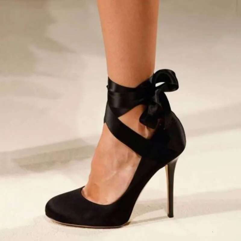 Ronticool Handmade Pumps Sexy Ribbon Ankle Strap Stiletto Heels Round Toe Elegant Black Shoes Women US Plus Size 5-13