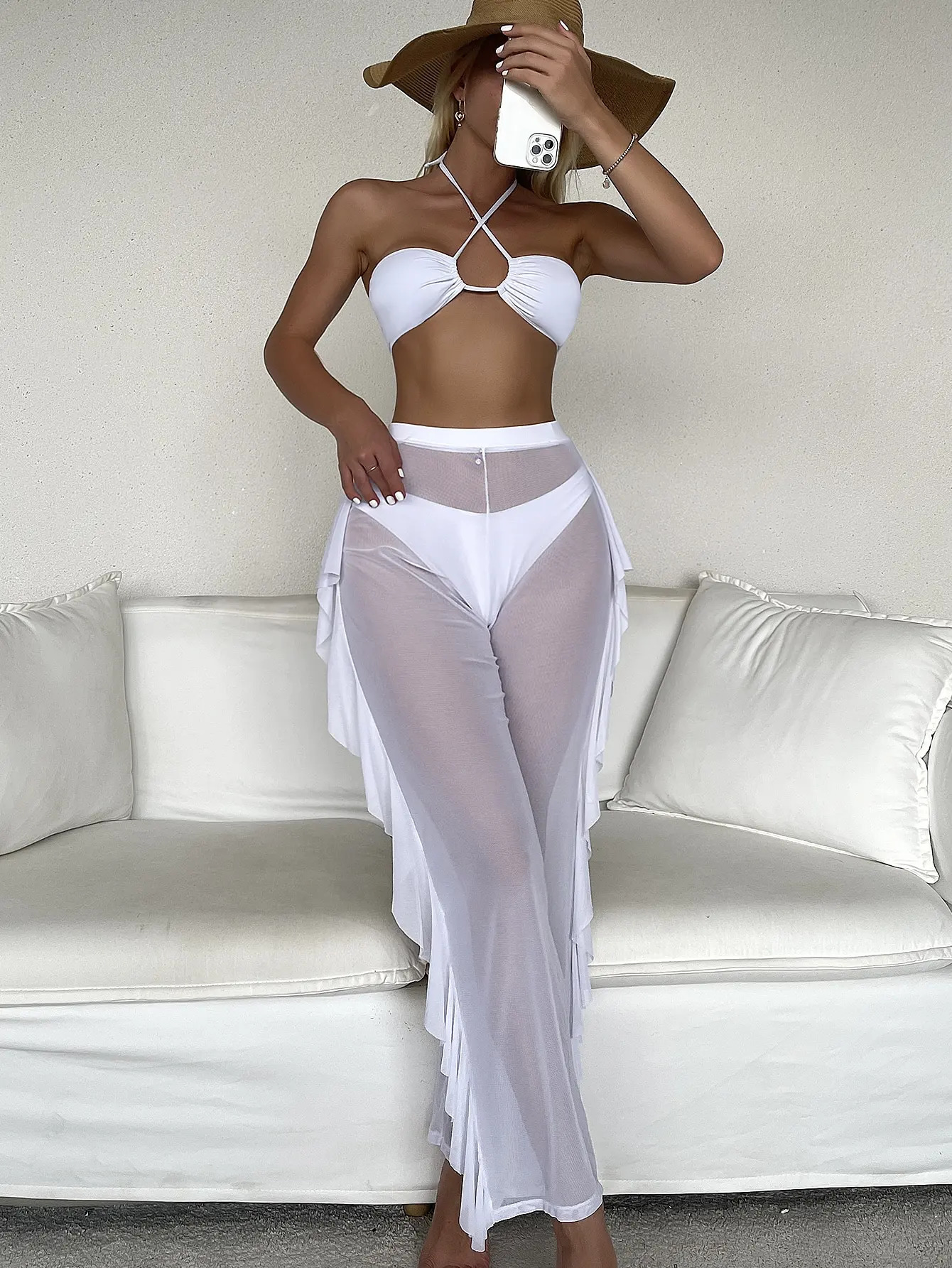 Plain Criss Cross Halter Bikini Set With Ruffle Pants Bandeau Swimsuit Women White Swimwear Female Bathing Suit Black 250324