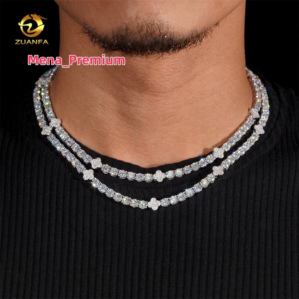 New Arrivals Hip Hop Clover Design 5mm Iced Out 925 Sterling Silver D Color Moissanite Tennis Chain Necklace