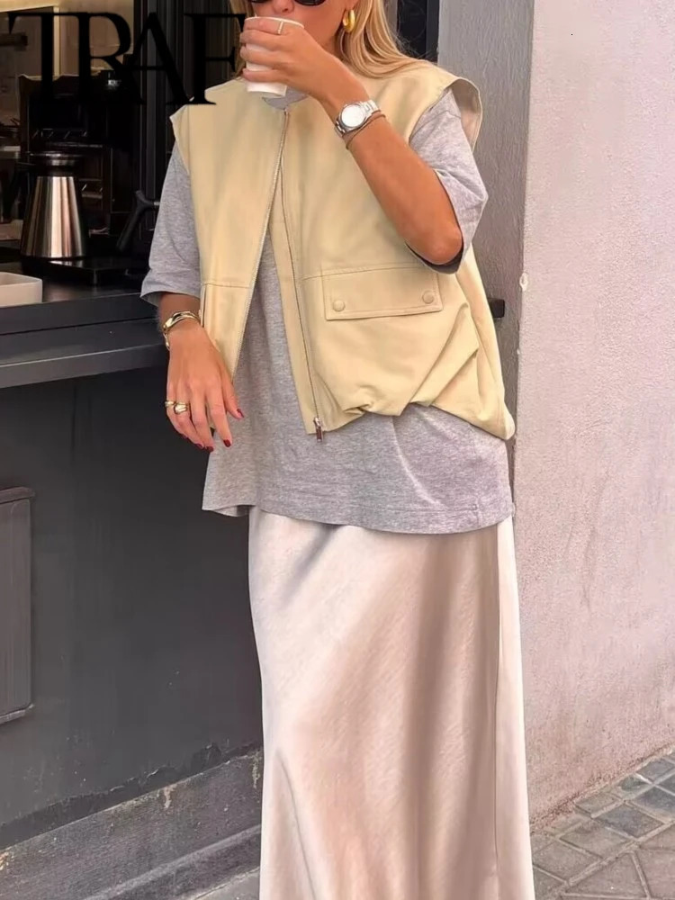 TRAF GAL Spring Fashion 5 Color High Low Pleated Hem Vest O Neck Sleeveless Oversized Zipper Waistcoat Female Crop Top Y2K 250320